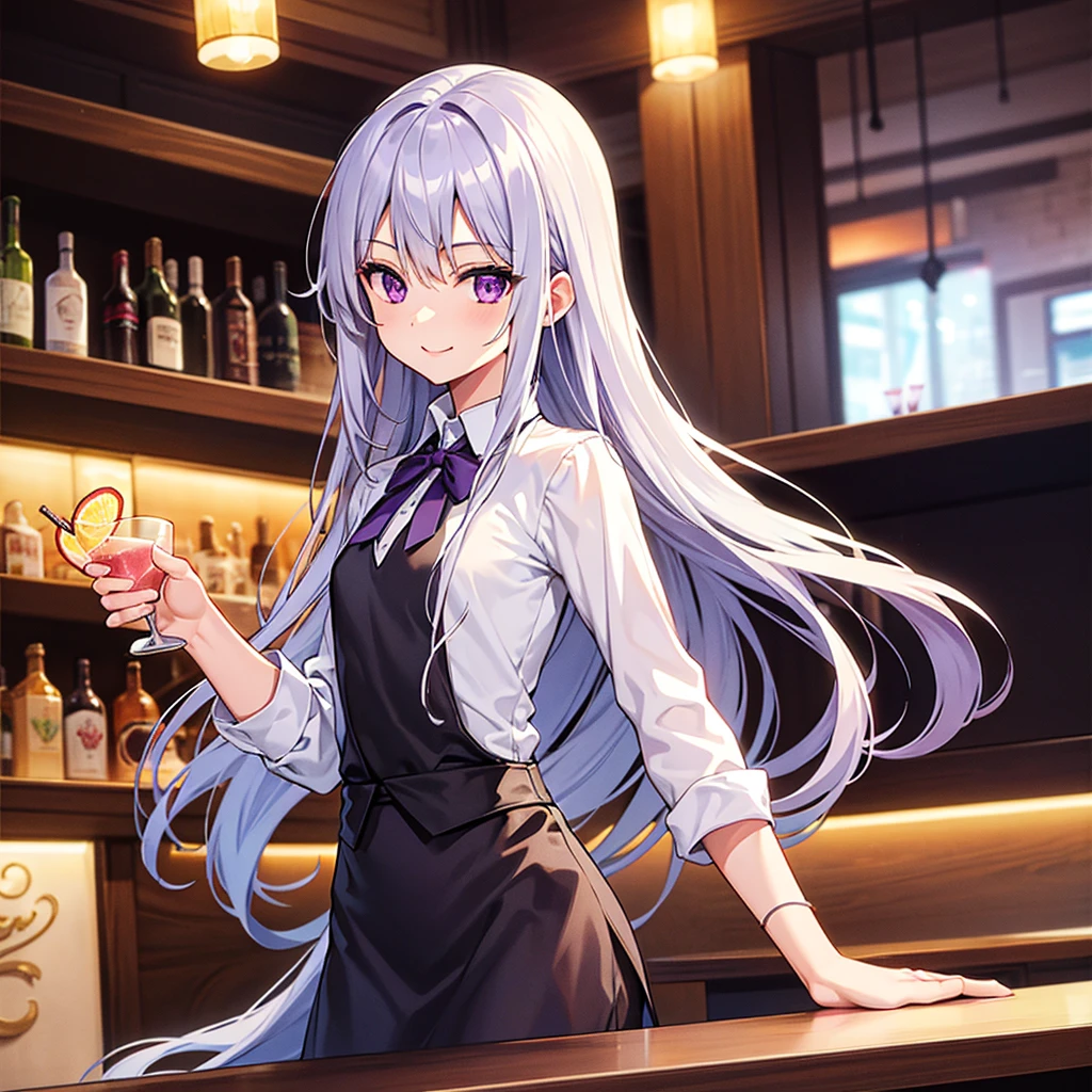 One girl,bartender, Inside the counter,bartenderの服, ponytail ,Gray Hair, Purple eyes, magic circle, Blue Fire, Blue Flame, bar counter,色とりどりのWine Bottle,Wine Bottle,wallpaper, landscape, , Depth of written boundary, night, Particles of light, light, Side Lighting, destiny \(series\), Open jacket, skirt,Hands making sake,cloud