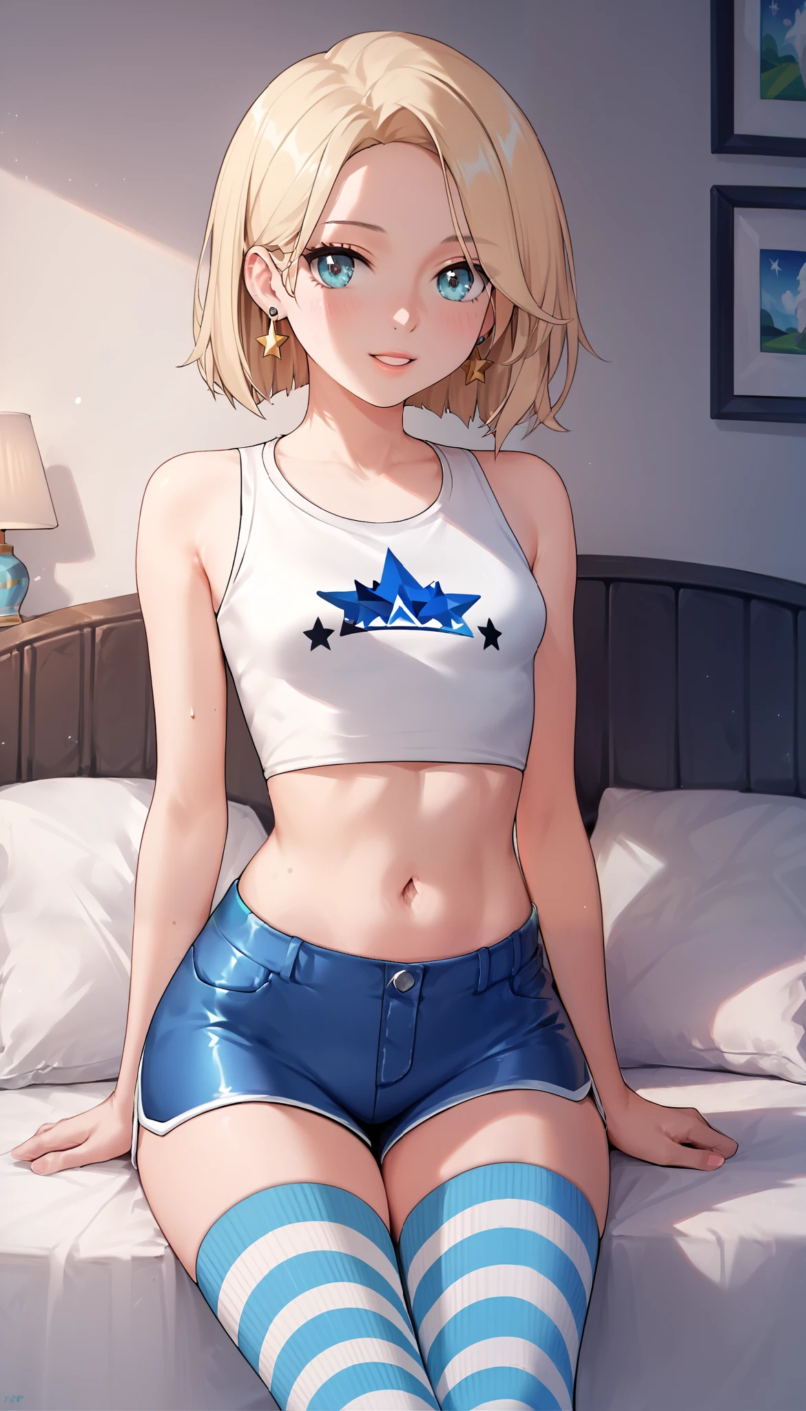 score_9, score_8_up, score_7_up, score_6_up, rating_safe, (masterpiece, best quality), 1girl, small breasts, small hips, crop top, spandex shorts, bedroom, striped thighhighs, pervert,