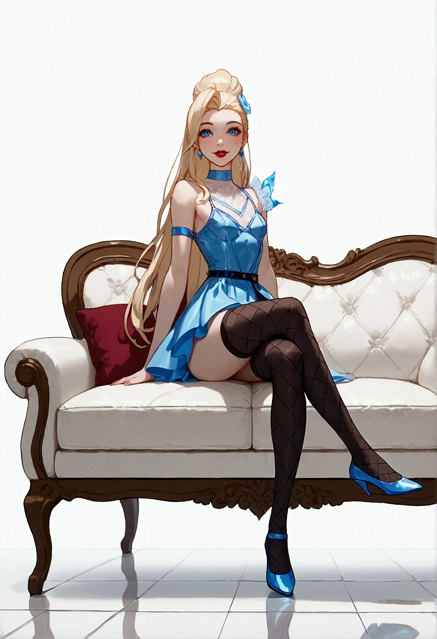 ((full body photo, standing, feet on the floor)) KDA All Out Seraphine .League of Legends.  masterpiece, best quality, (sitting on couch, legs crossed), highly detailed, score_9, score_8_up, score_7_up, score_6_up, anime font, BREAK, alone, long hair, blue eyes, flower, small breasts, bow, looking at viewer, freckles, parted lips, smile, full body, red lips, lips, leather ballet shoes, side shot, She looks at you, fishnets, white background, neutral cast
