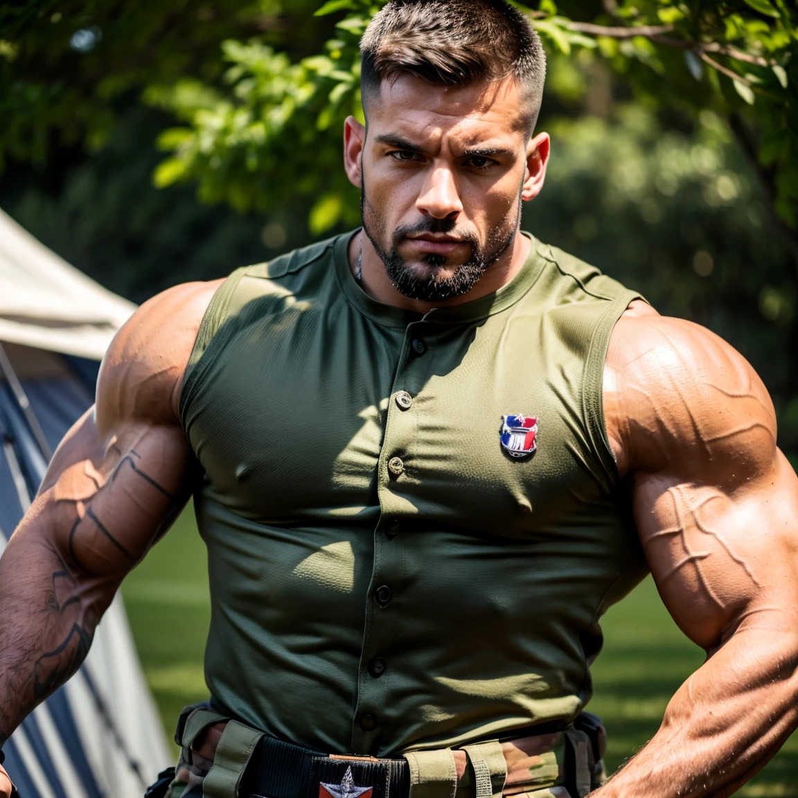 8k photorealistic, Handsome, man, blue eyes,Wearing tight camouflage clothing, Soldier, , barracks, Big bulge, muscular, pectoralis major,Swelling of chest muscles,Protruding J8, Broad chest,Perfect facial details,Sexy and charming expression
