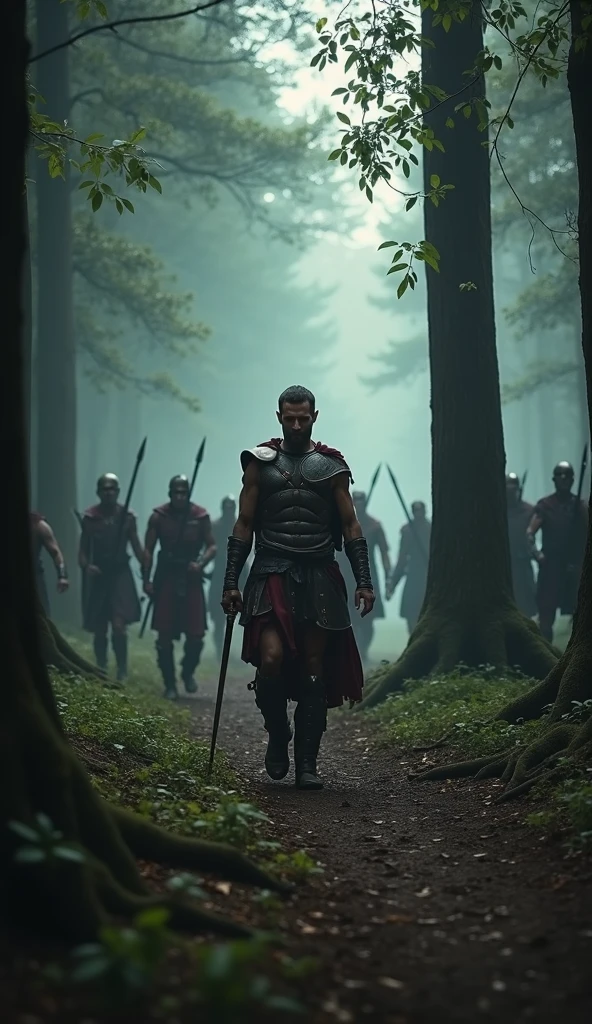 Greek fighter walking lamely through dense forests, cinematic HD
