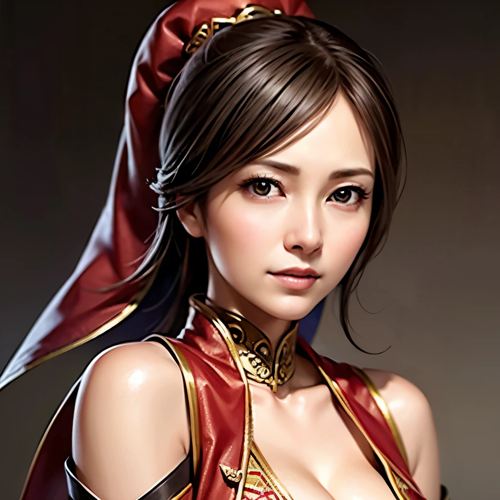  close-up of a woman wearing red armor and a red cloak, 1 person, high ponytail ,Cleavage , Thin Waist High Definition Face and Skin Textures, camera pointing at your butt, perfect beauty: 1.4, fine grain, double eyelids, Whitening,  best quality ,  super high resolution,simple background,,  Chinese Warrior ,Martial Arts, simple backgrounds per person,  very detailed,Beautiful female warrior,