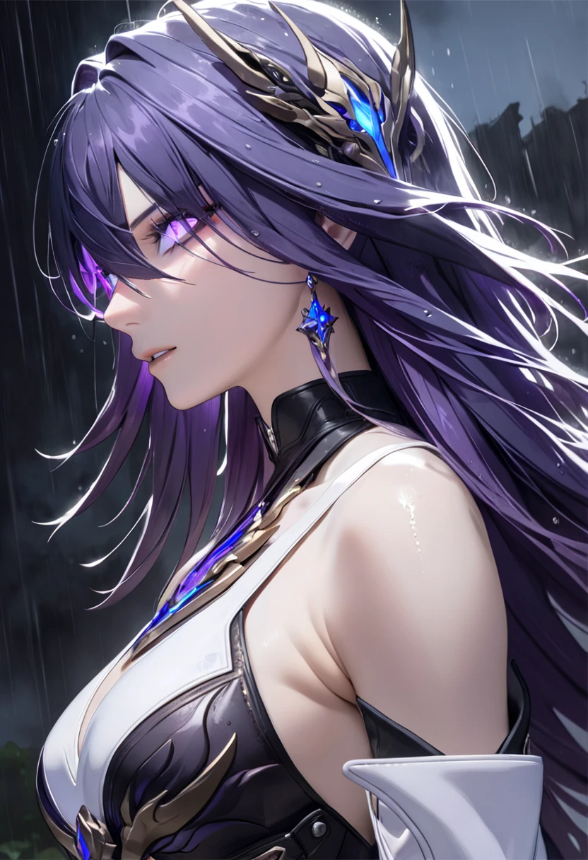 ultra-detailed, 1girl, solo, acheron, honkai star rail, ((masterpiece)), (best quality), (highres), 16K, dark gradient hair, long hair, purple hair,hair ornament, earrings, masterpiece, best quality, high quality, amazing composition, 1girl, from front,armpit, acheron, white asymmetrical clothing, shoulder armor, bare shoulder, brooch, hair ornament, earrings, chained gauntlet, asymmetrical legwear, leather glove, dark gradient hair, flame pattern, cowboy shot,glowing eyes in the dark,close up face,dak background theme, rain,best propisional body,glowing eyes in the dark,face up