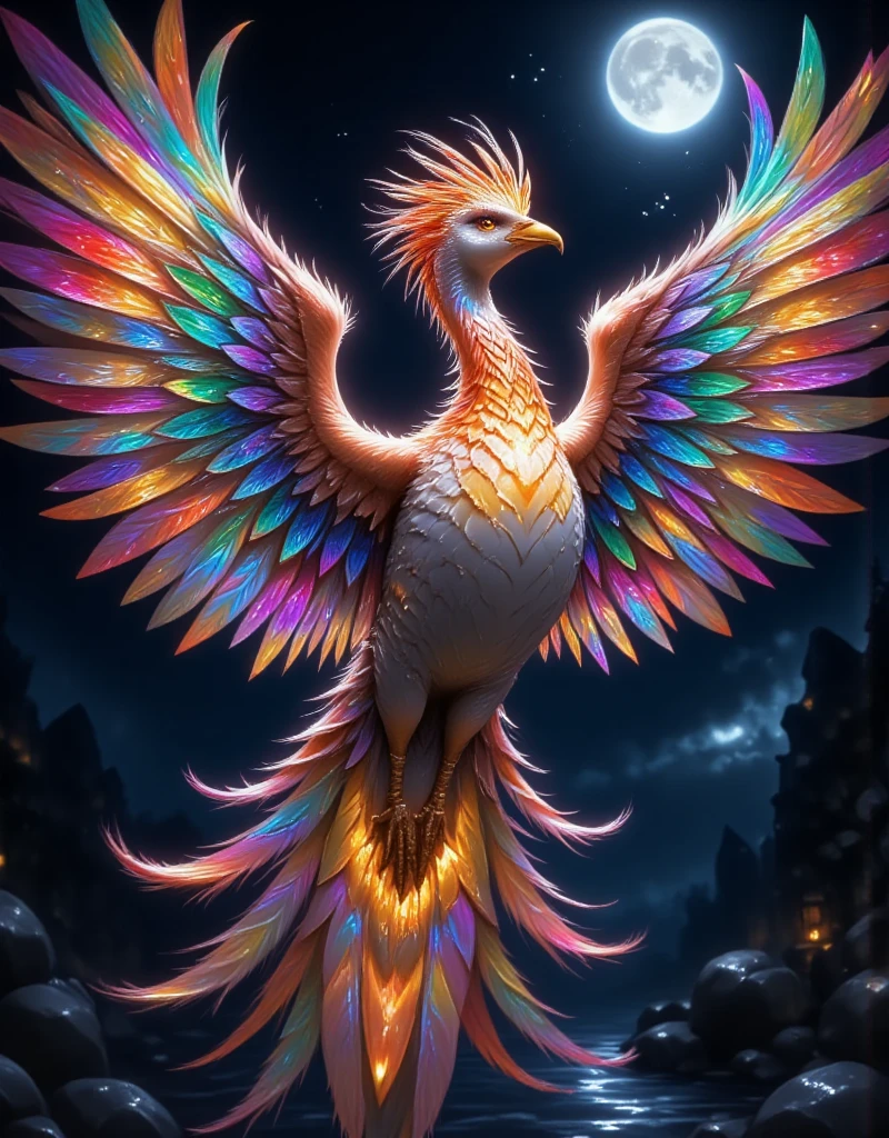  Phoenix Bird Very Beautiful Long Neck and Beautiful Mystic Plumage Every feather different colors Like a rainbow, yellow, red, green,  purple , blue, pink, orange,  colors ,  Very Bright and Soft Fluff of the Mystical Color of Dark Silver ,  The beak glows golden ,  on the head there is a small long pen twisted on the head ,  Flies, spreading its huge wings radiates mystical light , Dark Moonlight ,  Phoenix Illuminates the Picture ,  majestic , beautiful, masterpiece,  better quality,  intricate details ,  Maximum Quality , shines, Shimmers , Mysticism, Fantasy, fantasy, fantasy,  digital processing , 