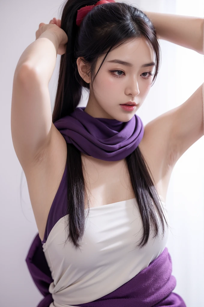 masterpiece, Highest quality, Very detailed, 8K, Realistic, Soft Focus, Beautiful attention to detail, Detailed face, double eyelid, One girl, alone, Beautiful Skin, Real human skin, whole body, Incredibly beautiful proportions、10 head and body,Beautiful and firm breasts, Beautiful cleavage, Mature Body, 18-year-old girl, beautiful girl, Japanese Idols, (French Braid:1.3), Brown Hair, Wearing layers, break, (Purple high neck off-the-shoulder sleeveless long dress:1.3), break, White fur decoration on chest, Standing position, Atmospheric lighting in the venue, Captivating smile, Model pose, Browsing Caution