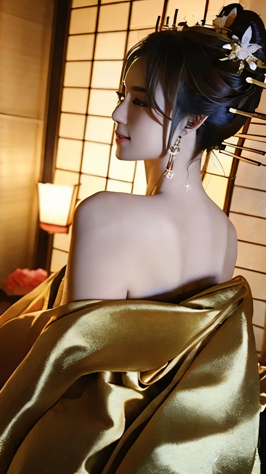 ((( carefully depicting limbs based on perfect anatomy ))),(( Masterpiece (:1.4), best quality, super high resolution, best quality, clothing that has almost come off from a low angle on the side , very detailed facial depiction )), knight,(((, loosen the belt on the futon, pull your chin, and look back over your shoulder with a flowing gaze, beautiful back ))), ancient Japanese sex appeal ,Beautiful patted flower girl , Glamorous body with slender but beautiful D-cup breasts and a tight waist,Glossy egg skin , Fancy Makeup , Japanese clothing that has almost come off ,A pure white fan made of thin fabric ,Tie up your hair,hairpin,Lots of hair ornaments , holding hands with their knees aligned on a futon , candlelight with a perfect mood ,Luxurious and extravagant,( Snapshot with the front of a shoji on the second floor of a long-established girls' shop in Yoshiwara in the background ), emphasizes breasts, spreading her collar and sticking out her shoulders ,