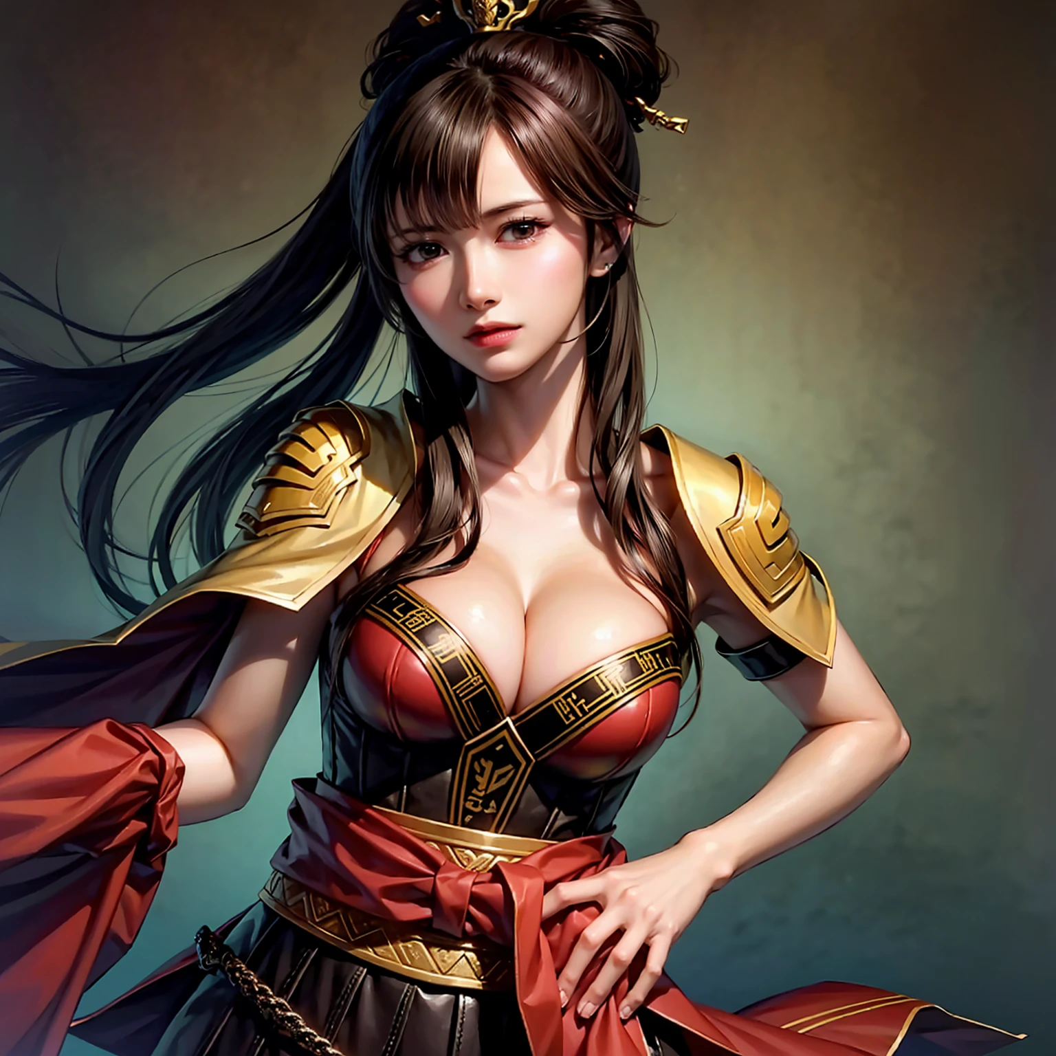  close-up of a woman wearing red armor and a red cloak, 1 person, high ponytail ,Cleavage , Thin Waist High Definition Face and Skin Textures, camera pointing at your butt, perfect beauty: 1.4, fine grain, double eyelids, Whitening,  best quality ,  super high resolution,simple background, Chinese Warrior ,Martial Arts, simple backgrounds per person,  very detailed,Beautiful female warrior,