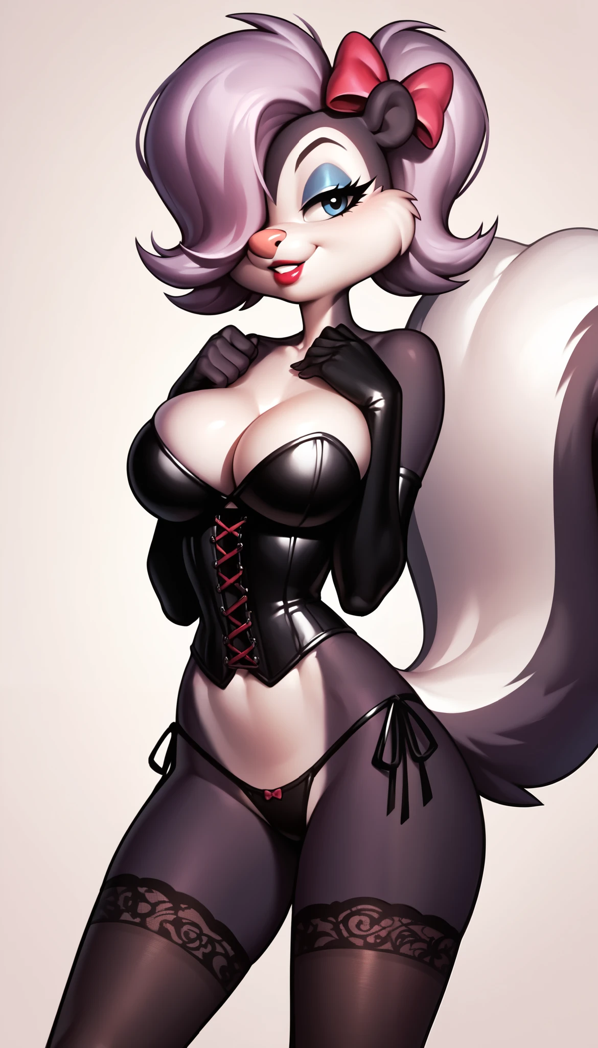 score_9, score_8_up, score_7_up, score_6_up, masterpiece, perfect face, perfect hands, high quality, source_cartoon, (1girl, solo,) fifi, skunk, dark fur, anthro, hair bow, black body, hair over one eye, high leg cut, black elbow gloves, black corset, Bustier, side-tie panties, micro panties, lace stockings, lipstick, cleavage,