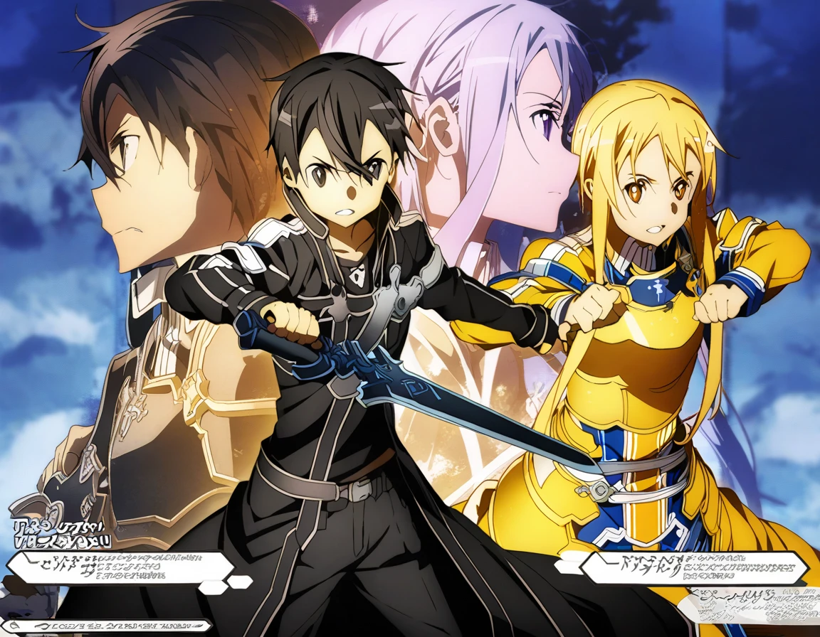 alice, Knight, sword art online, alicization,  golden armor, Espada excalibur.           Kirito, knight, black armor, Black Sword.   friendly combat, swords clashing. 