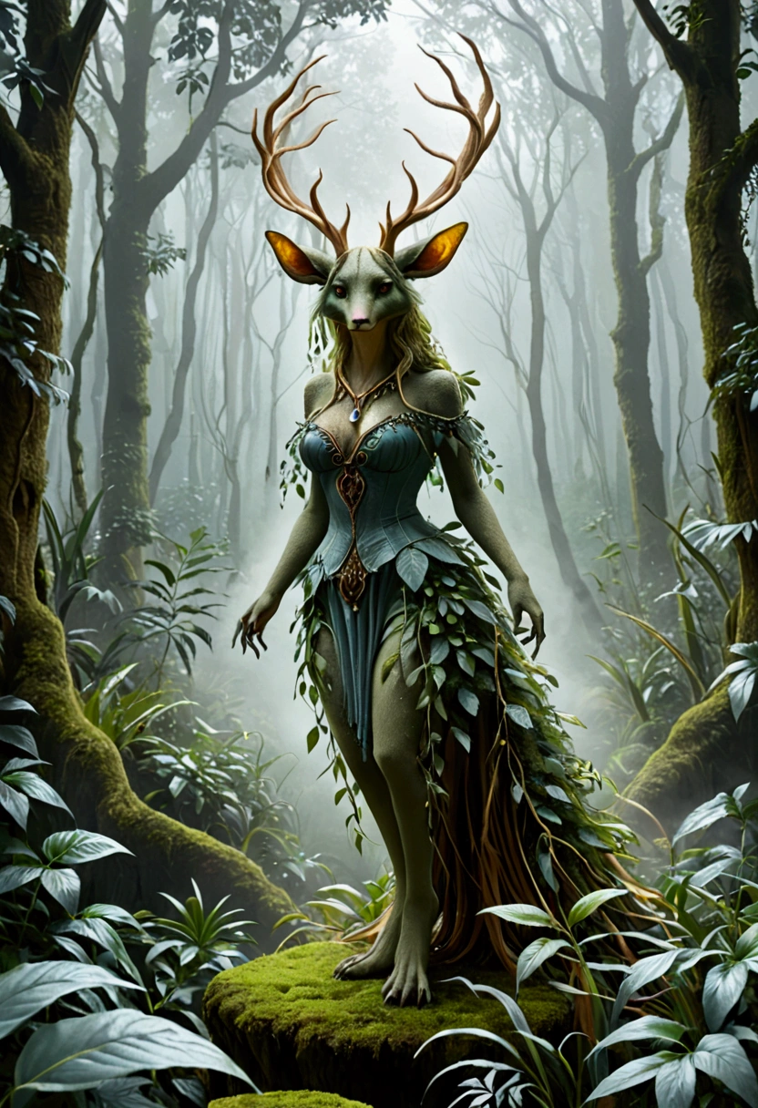 A forest creature made from dense fog, surrounded by mist and lush vegetation. In the style of Wendy Froud's eco-art.
