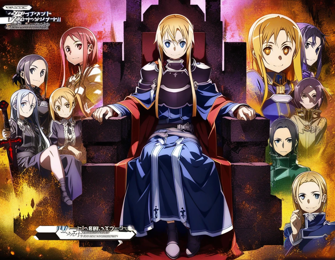 alice, Knight, sword art online, alicization,  Dark armor ,  full body, Villain, red Excalibur sword ,  dark reddish orange aura .  evil smile ,  sitting on a dark throne. 