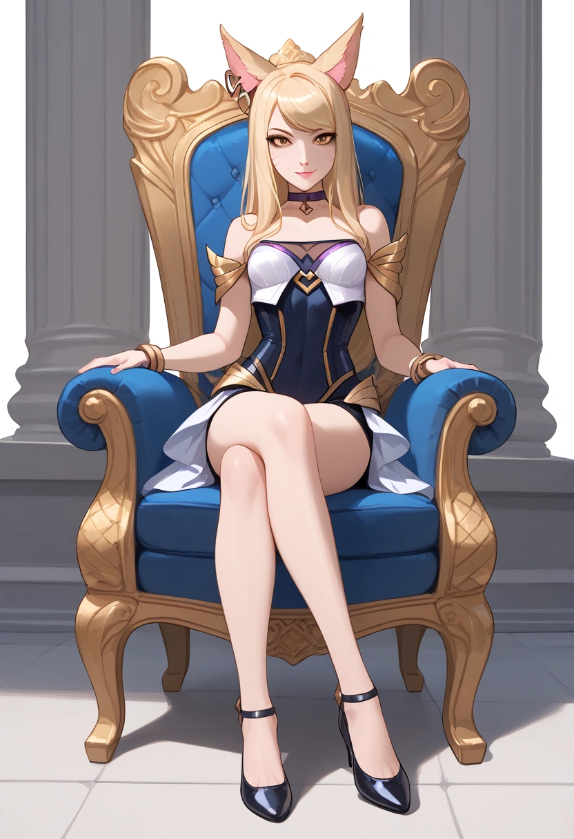 (( full body  photo, standing, feet on the ground)) KDA Ahri LoL PD ,   masterpiece ,  best quality, ( sitting on the throne,  crossed legs , showing feet, profile picture), Highly Detailed, score_9, score_8_above, score_7_above, score_6_above, anime font ,to break, 2, Alone,  long hair,  Blue Eyes, flower,  small breasts, bow,  looking at the viewer , freckles, parted lips, smile,  full body , lips red, lips,  leather ballet shoes, Side photo,  She looks at you , fishnets,  white background,  neutral template  
