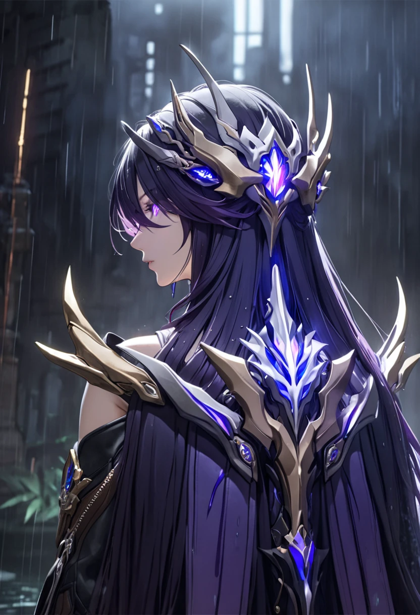 ultra-detailed, 1girl, solo, acheron, honkai star rail, ((masterpiece)), (best quality), (highres), 16K, dark gradient hair, long hair, purple hair,hair ornament, earrings, masterpiece, best quality, high quality, amazing composition, 1girl, from front, acheron, white asymmetrical clothing, shoulder armor, bare shoulder, brooch, hair ornament, earrings, chained gauntlet, asymmetrical legwear, leather glove, dark gradient hair, flame pattern, cowboy shot,glowing eyes in the dark,close up face,dak background theme, rain,best propisional body,glowing eyes in the dark,face up,cold glare