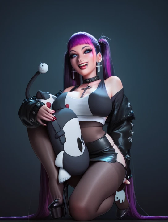 Goth, purple hair, very long hair, double ponytails , blue eyes, smiling, fangs, white crop top, white micro mini skirt, big breasts, tiny waste, cross earrings, red lips, plump body,  long legs, Makeup, Looking at viewer, pantyhose, high heels