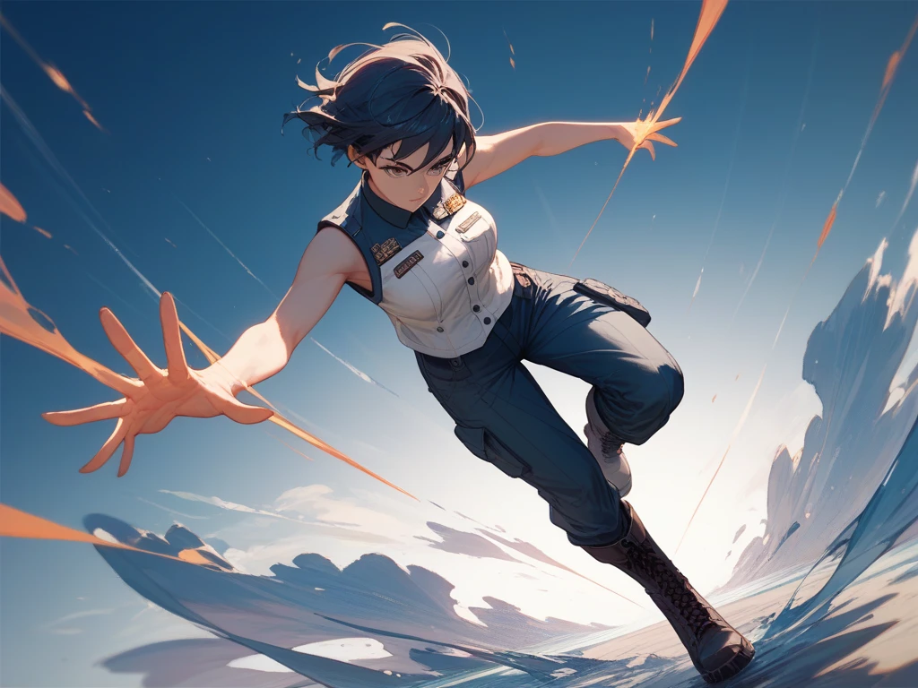 Long Shot,Dynamic angle,full body,woman with navy SHORT HAIR wearing sleeveless shirt and pants,,put on boots,solo,1 female,Highest quality,masterpiece,cool pose,(perfect hands,perfect anatomy),white back ground,