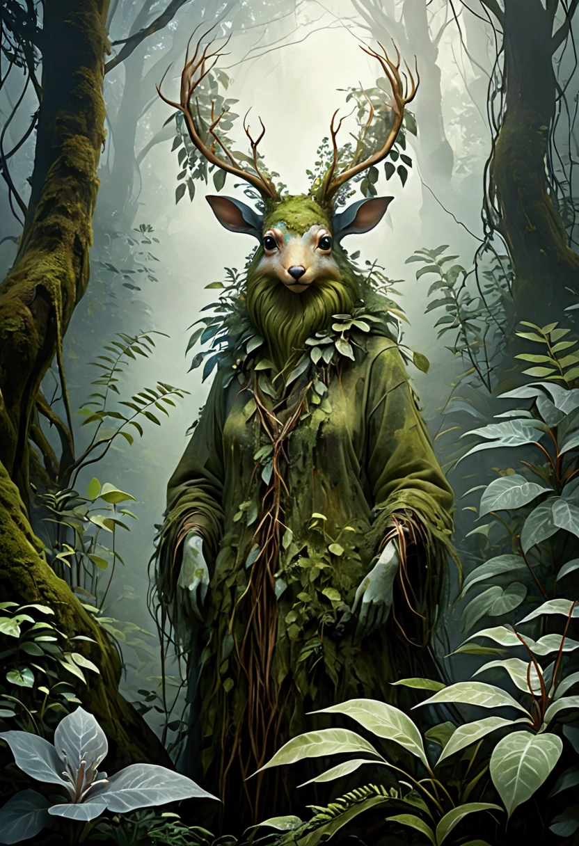 A forest creature made from dense fog, surrounded by mist and lush vegetation. In the style of Wendy Froud's eco-art.
