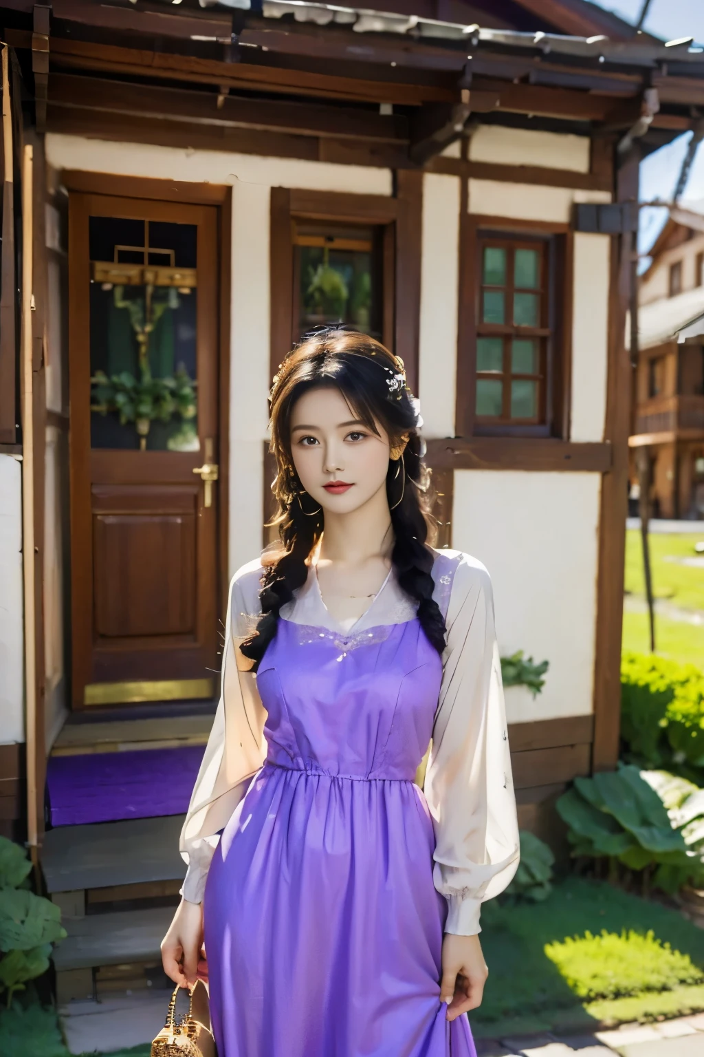 A young woman in a long light purple dress is in front of the old house，Eye level， milk，Warm and cold light ， HD，HDR， the best details ， realistic style 