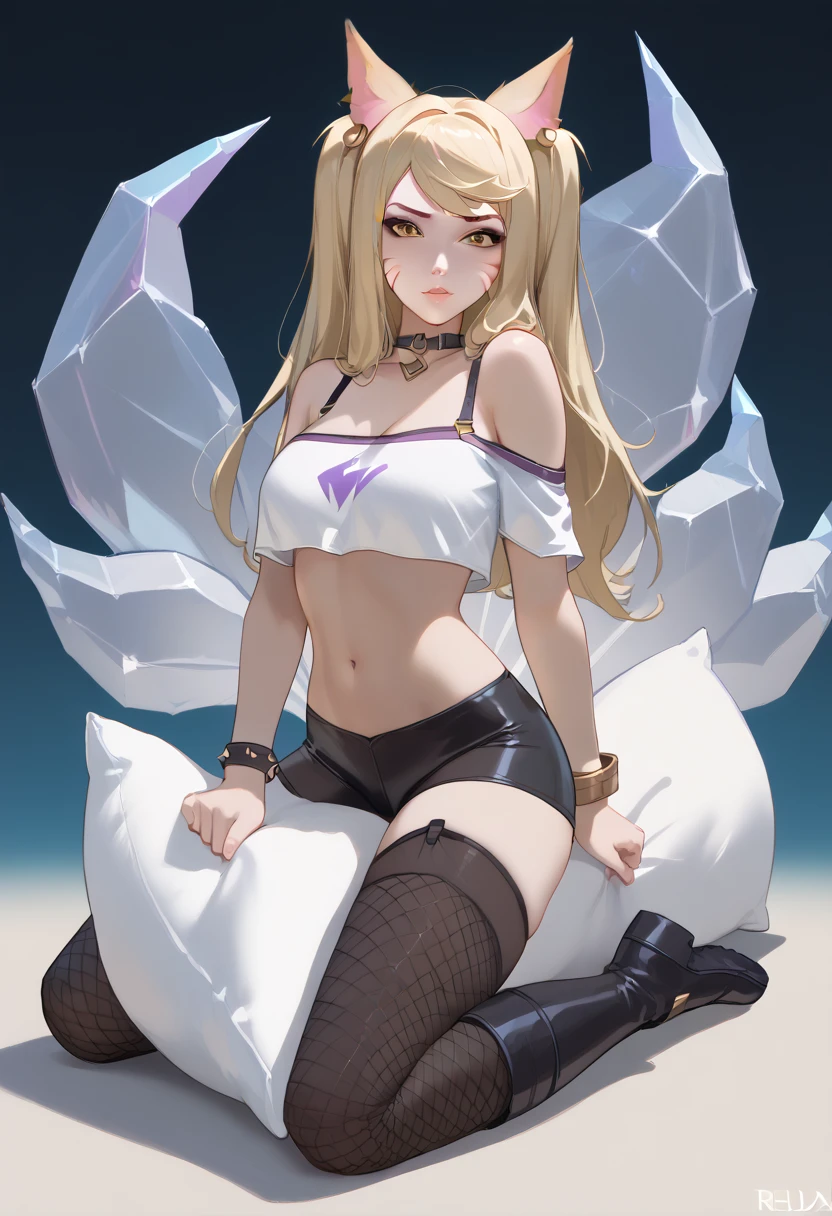 ((full body photo, standing, feet on the ground)) KDA Ahri LoL .League of Legends, tight black latex bike shorts, loose off the shoulders red crop top, visible bra straps, 2, young adult, rebelious, thick black leather boots, very long blonde twintails, fishnet pantyhose, kneeling, humping her pillow