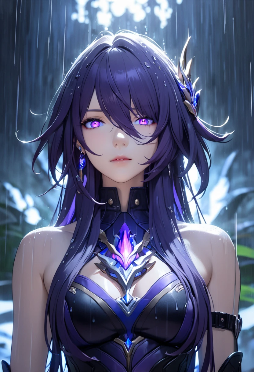 ultra-detailed, 1girl, solo, acheron, honkai star rail, ((masterpiece)), (best quality), (highres), 16K, dark gradient hair, long hair, purple hair,hair ornament, earrings, masterpiece, best quality, high quality, amazing composition, 1girl, from front, acheron,, hair ornament, earrings, flame pattern, cowboy shot,glowing eyes in the dark,close up face,dak background theme, rain,best propisional body,glowing eyes in the dark,face up,cold glare