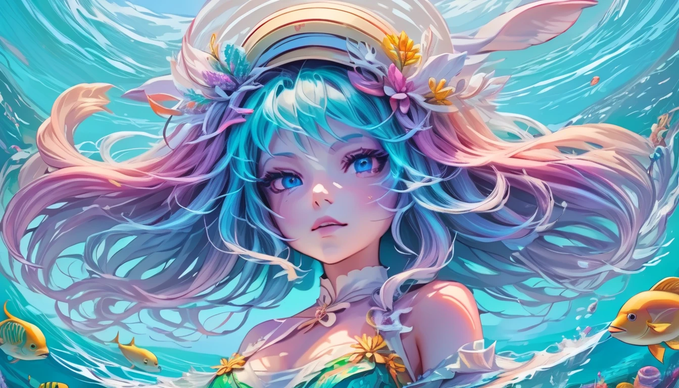 In the final evolution of Dolphin-chan, her image transcends into an iconic figure of the ocean's magic. Her hair and attire integrate advanced artistic techniques to appear as if made from water and light, with every strand and fabric flowing and pulsating with the life force of the sea. The hat is now an ethereal accessory, emitting a soft glow that illuminates the depths around her. Her eyes, windows to the soul of the ocean, shine with a wisdom and connection to all marine life, casting a serene yet powerful gaze. The dress is a confluence of elegance and the ocean's majesty, adorned with patterns that mimic the rhythm of the waves and the dance of underwater flora and fauna, accented with radiant, ethereal light. Set in a breathtakingly detailed undersea kingdom, Dolphin-chan stands as a guardian and guide, her presence bringing harmony and understanding between the human and marine worlds. This masterpiece captures the pinnacle of her journey, a testament to her enduring bond wit




