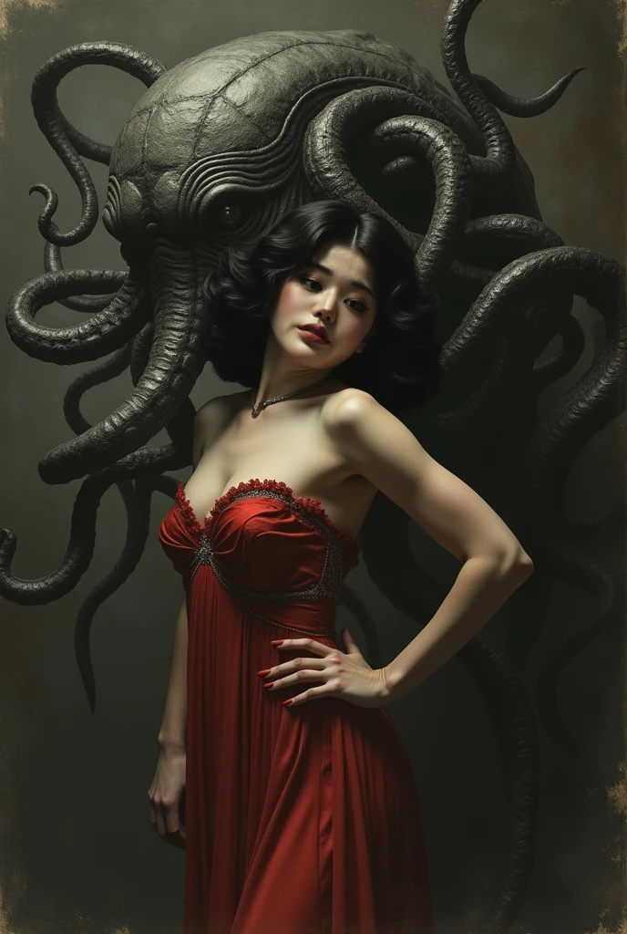 Lucy Liu, age 25, (bright red sexy asian witch lingerie (stomach exposed, breast drapes) wielding spells (strips of paper with kanji), approaching a spooky ghost with many tentacles
