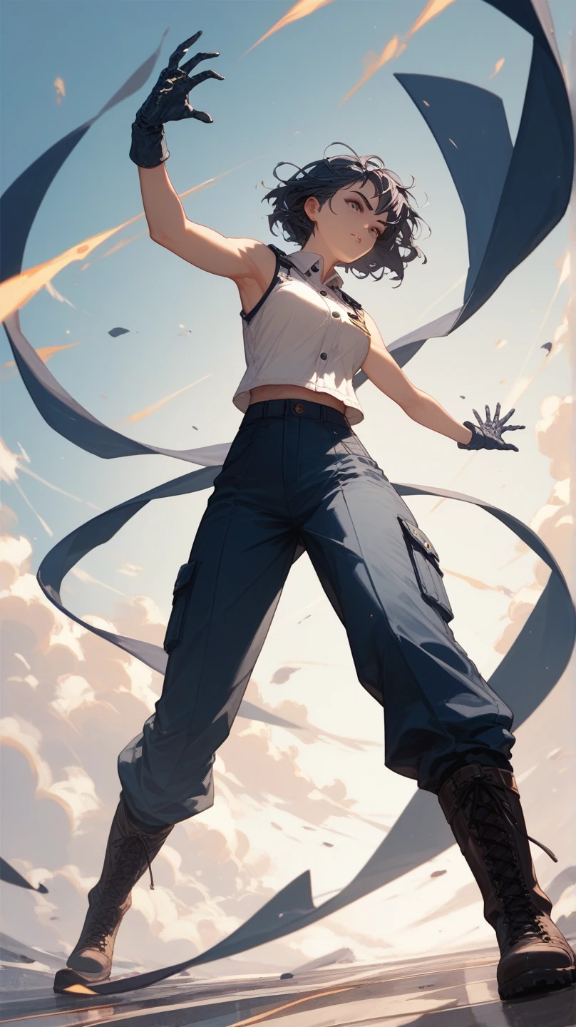 Long Shot,Dynamic angle,full body,woman with navy SHORT HAIR wearing sleeveless shirt and pants,put on boots,solo,1 female,Highest quality,masterpiece,cool pose,(perfect hands,perfect anatomy),white back ground,