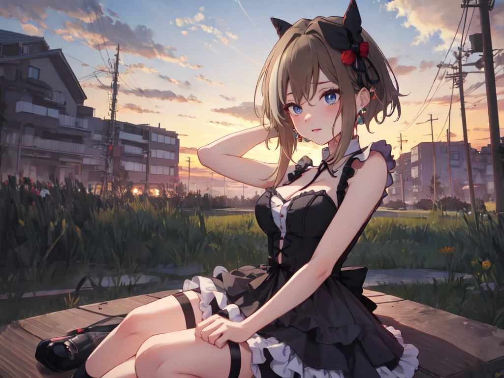 Solo, 1 Female, (Human Ear, Earring), (Lying with one arm behind head), (Anime Face, Ahegao), (Hair Accessory), (Pitch Black See-Through Dress, Pitch Black Ruffles, Pitch Black High Waist, Garter Belt), (Sunset Sky, Sunset, Evening Sky), (Focus on Breasts), (High Resolution, Masterpiece, Accurate, Anatomically Correct, Multiple Award Winning Condition, Top Quality, Detailed, High Quality Model, High Quality, Retina, Highly Detailed Condition), Textured Skin, Ultra High Resolution).