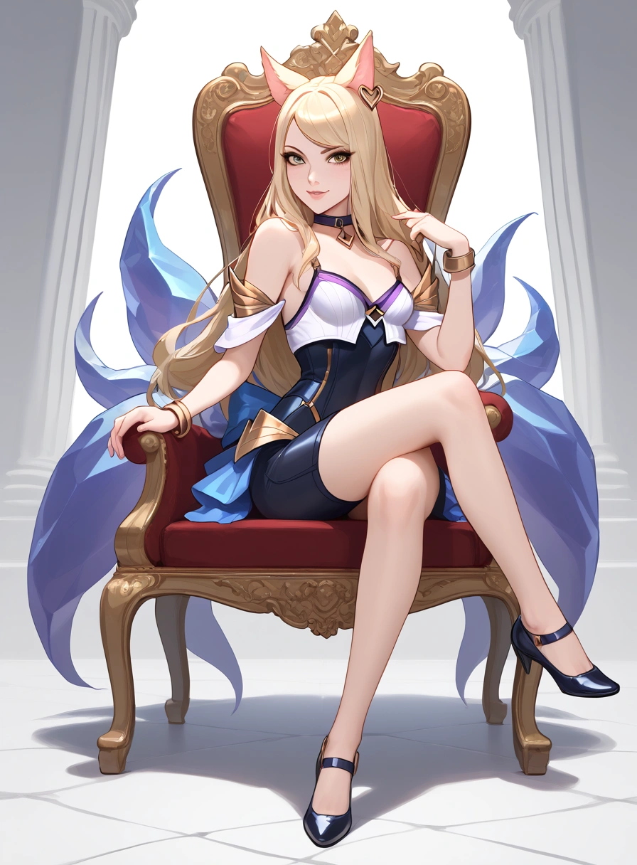 (( full body  photo, standing, feet on the ground)) KDA Ahri LoL PD ,   masterpiece ,  best quality, ( sitting on the throne,  crossed legs , showing feet, profile picture), Highly Detailed, score_9, score_8_above, score_7_above, score_6_above, anime font ,to break, 2, Alone,  long hair,  Blue Eyes, flower,  small breasts, bow,  looking at the spectator, freckles, parted lips, smile,  full body , lips red, lips,  leather ballet shoes, Side photo,  She looks at you , fishnets,  white background,  neutral template  
