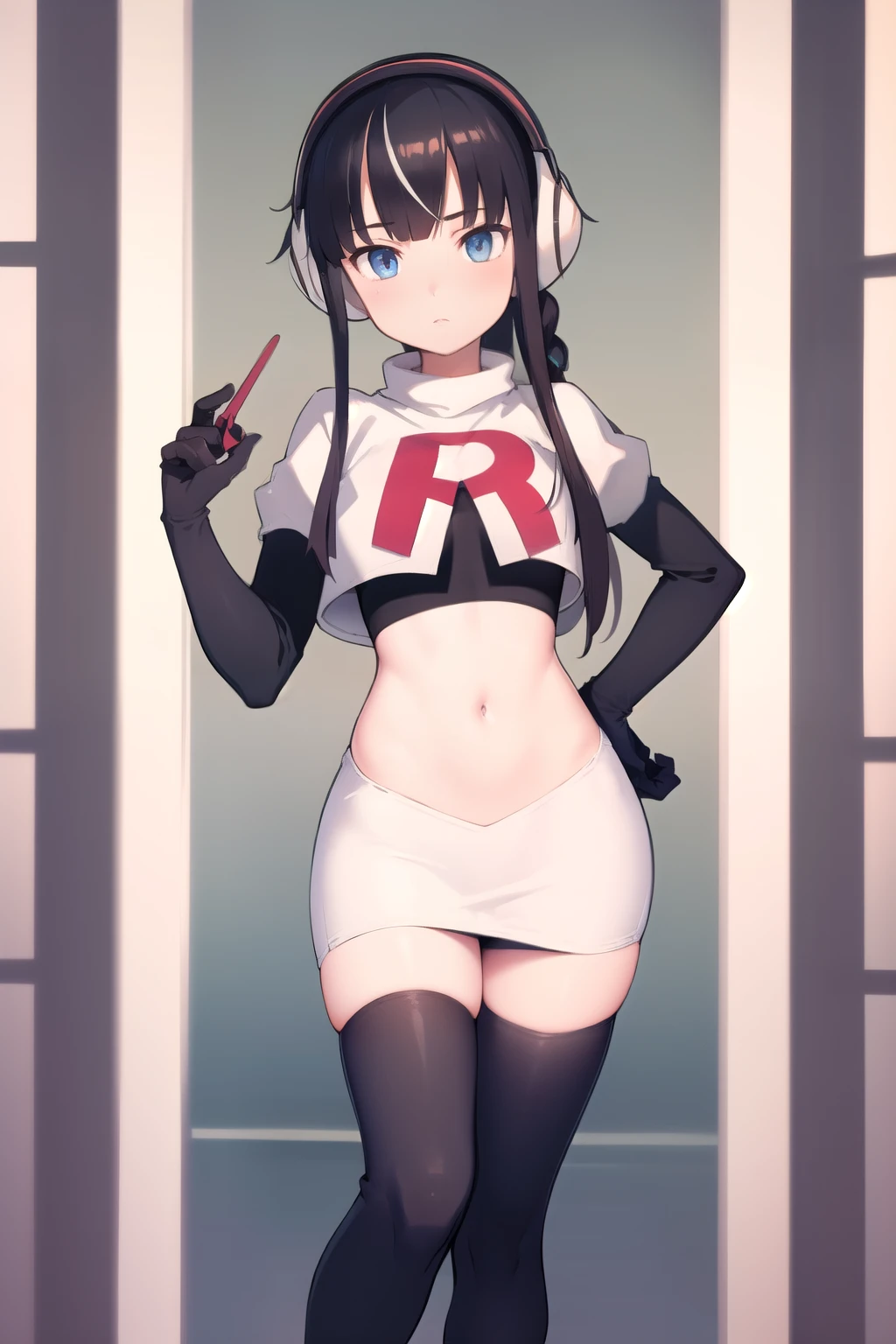 masterpiece, best quality, bw2elesa, black hair, blue eyes, streaked hair, long sidelocks, hair ornaments, headphones, team rocket,team rocket uniform,white skirt,red letter R,crop top,black thigh-highs,black elbow gloves, looking at viewer,