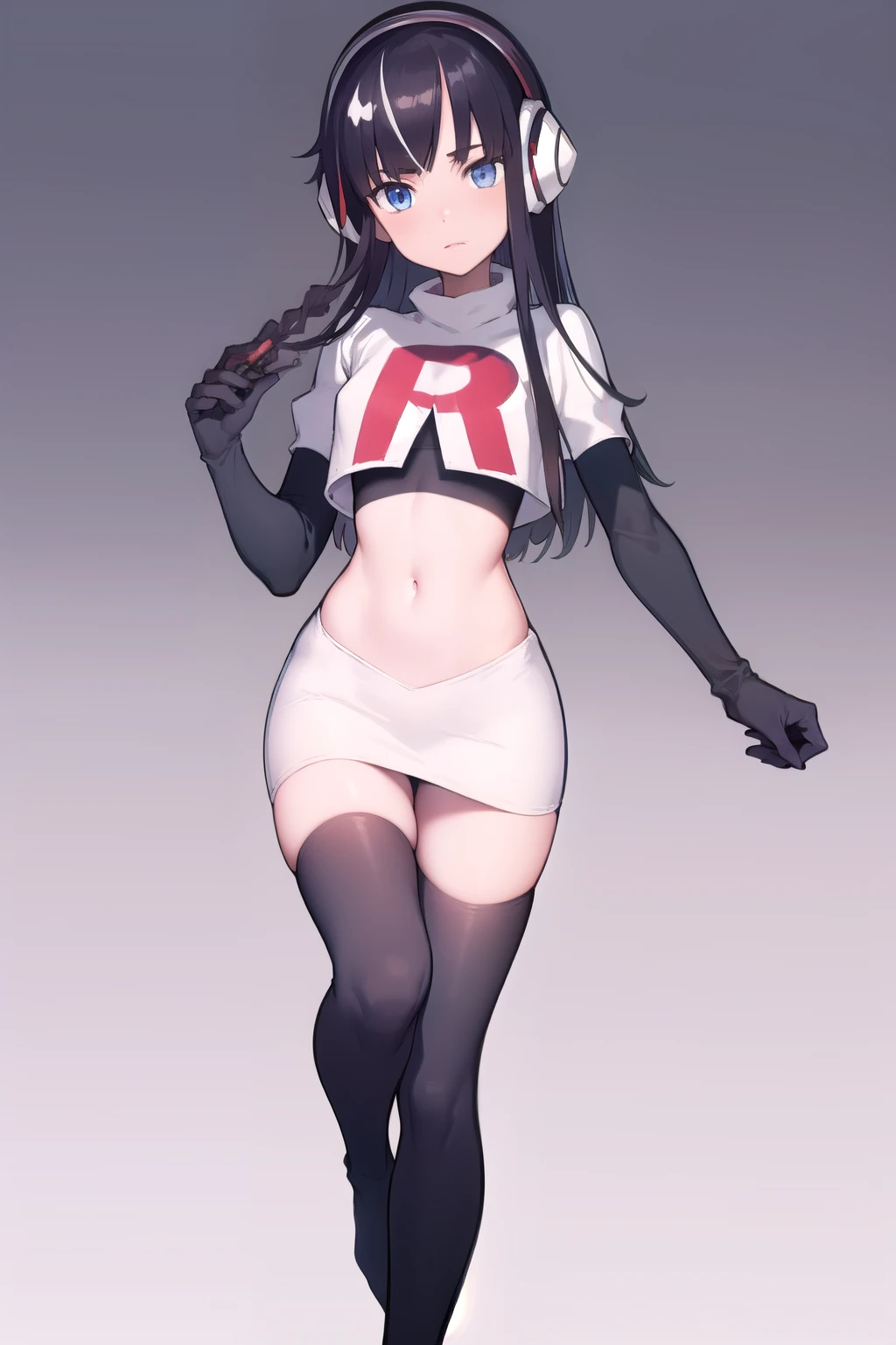 masterpiece, best quality, bw2elesa, black hair, blue eyes, streaked hair, long sidelocks, hair ornaments, headphones, team rocket,team rocket uniform,white skirt,red letter R,crop top,black thigh-highs,black elbow gloves, looking at viewer,