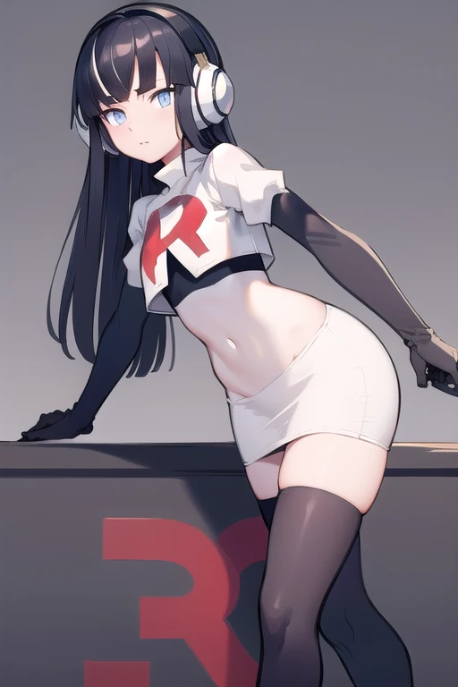 best quality, masterpiece, highres, solo, {aihara_mei_citrus:1.15}, black_hair, long_hair, purple_eyes, hair_between_eyes, 1girl, looking_at_viewer, team rocket,team rocket uniform, red letter R, white skirt,white crop top,black thigh-highs,black elbow gloves