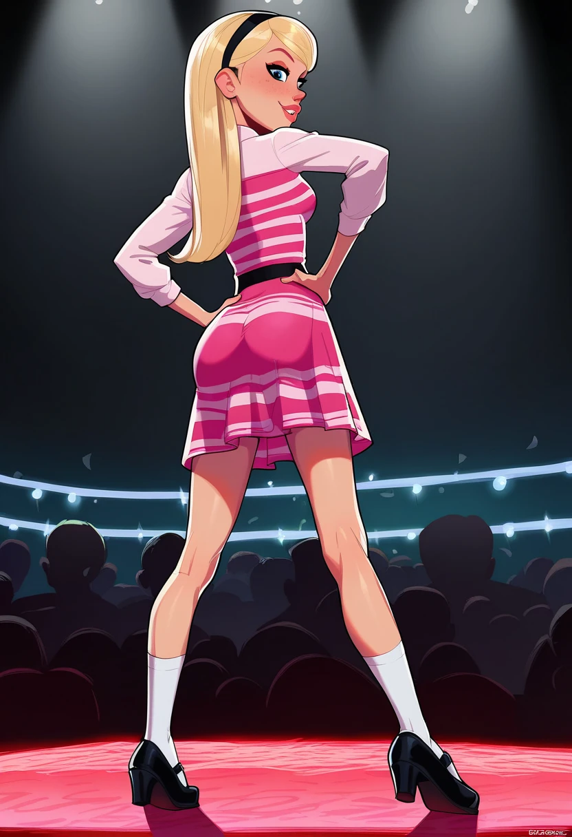 1girl, full body, solo, penny peterson, long hair, blue eyes, freckles, blonde hair, skirt, hairband, black hairband, white socks, dress, pink dress, long sleeves, mary janes, black mary janes, Butt Clench, perfect body, sexy, sexy legs, looking at viewer, crass girl, bad girl, naughty face, ((concert)), back view, hands on hips, butt shaking left to right, ass Shaking, twerking, gyrating, open legs, spread legs, looking back