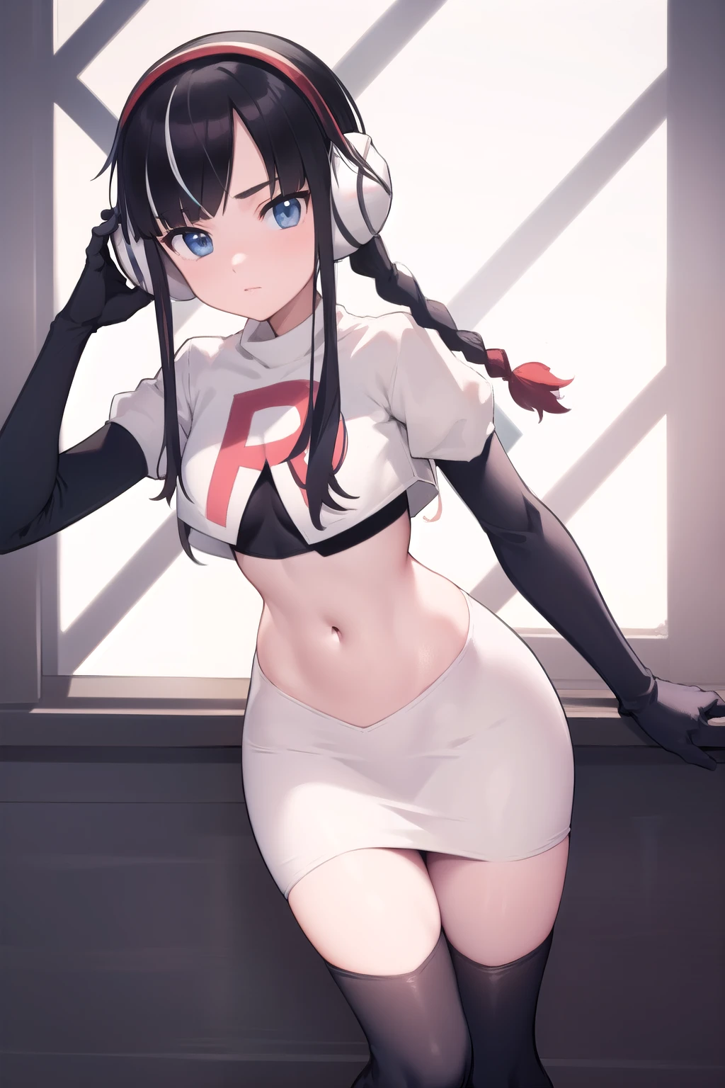 masterpiece, best quality, bw2elesa, black hair, blue eyes, streaked hair, long sidelocks, hair ornaments, headphones, team rocket,team rocket uniform,white skirt,red letter R,crop top,black thigh-highs,black elbow gloves, looking at viewer,