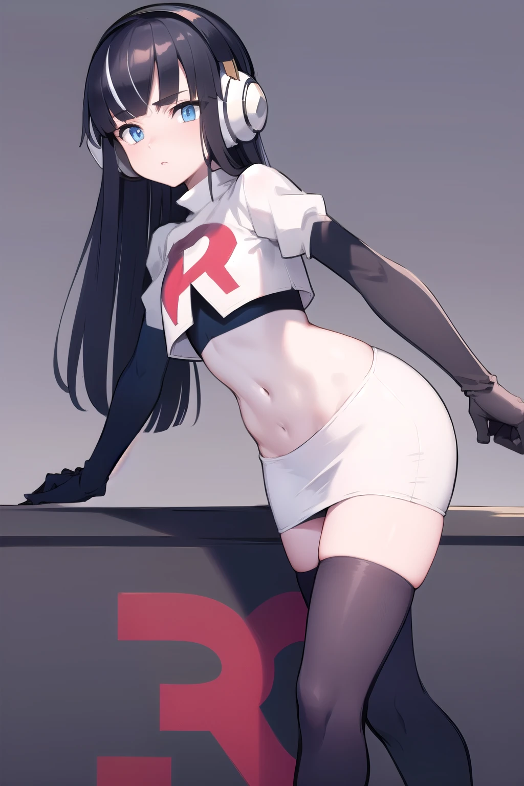 masterpiece, best quality, bw2elesa, black hair, blue eyes, streaked hair, long sidelocks, hair ornaments, headphones, team rocket,team rocket uniform,white skirt,red letter R,crop top,black thigh-highs,black elbow gloves, looking at viewer,