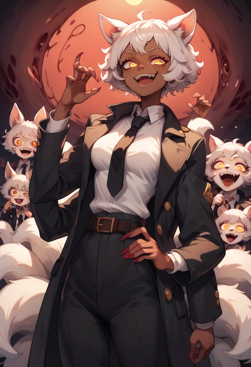 Faputa, 1girl, dark skin, dark-skinned girl, white hair, short hair, 4arms, red claws, multiple tails, yellow eyes, yawning, white fur, animal ears, smug, medium breasts, black coat, long coat, open coat, white shirt, black necktie, black pants, belt, dark background, creepy, horror \(theme\), grain, red background, smile, looking at viewer, ((ringed eyes)), glowing eyes, dark theme, low light,, 