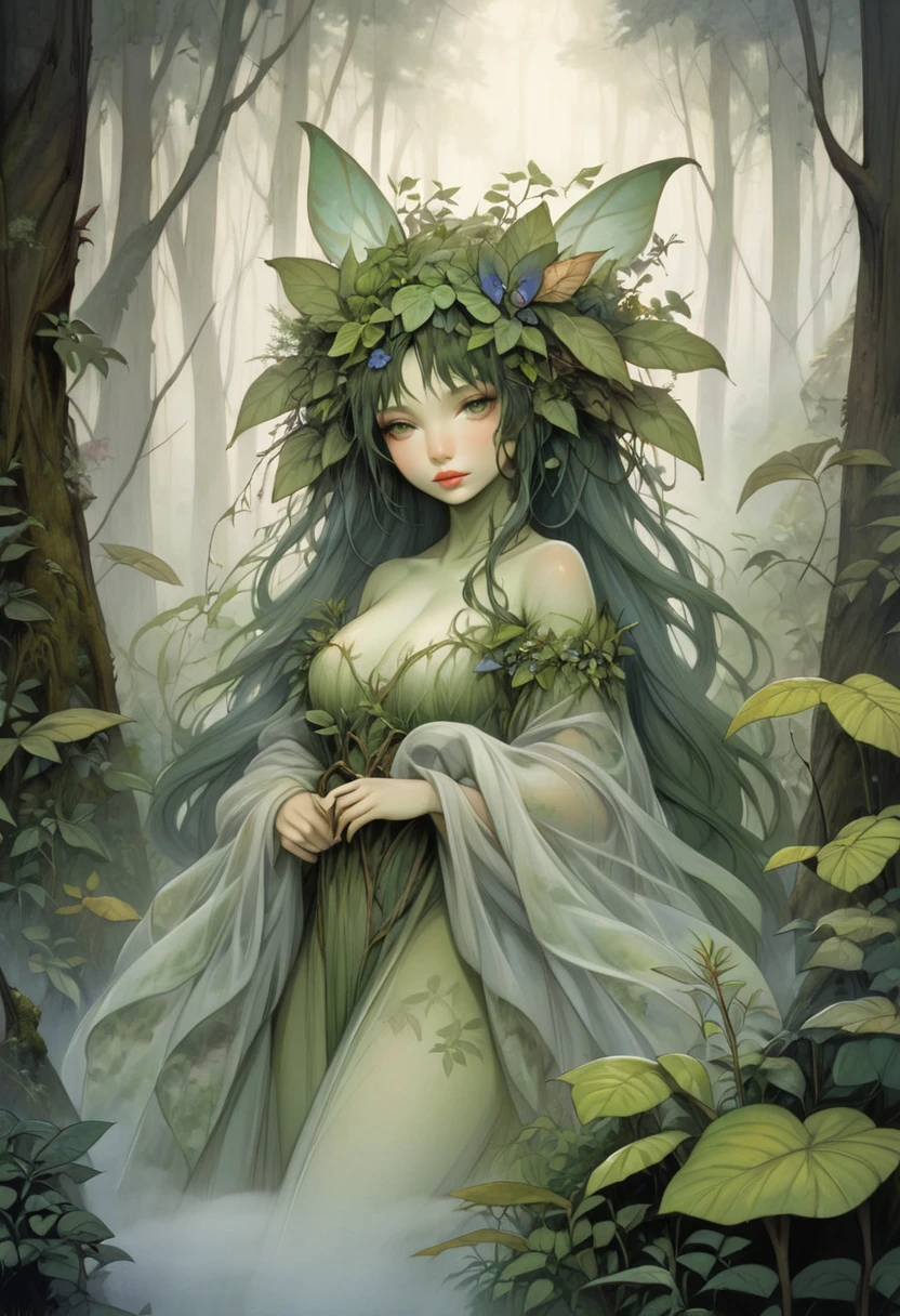 1sexy girl with forest clothes, Flowers, Leaves, mandalas, fractalized, Forest elves,holy rays,full female body,Ray traching,dynamic blur,smoke effect,morning glow,4K,k hd,extreme hight detail