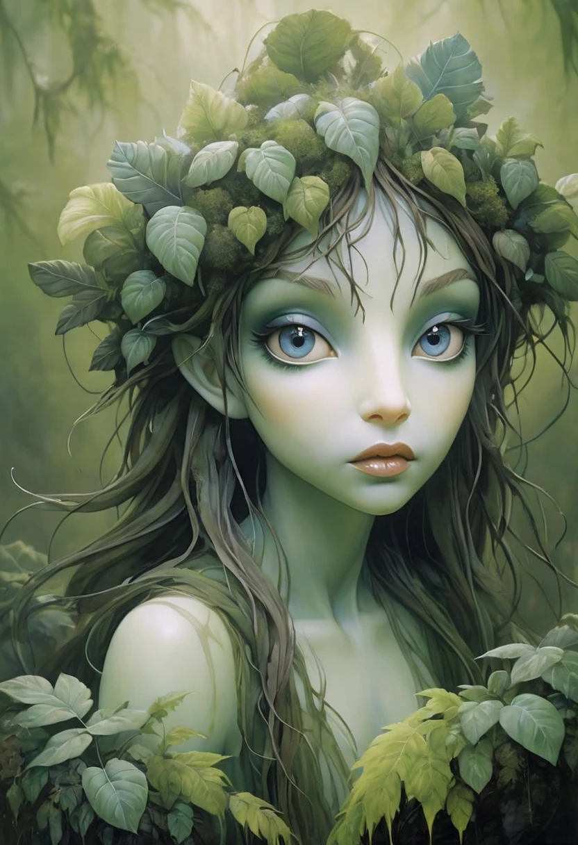 A forest nymph made from dense fog, surrounded by mist and lush vegetation. Large thick lips. In the style of Brian Froud
