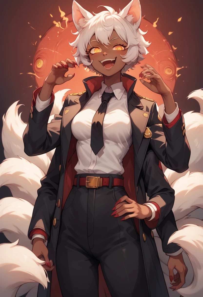 Faputa, 1girl, dark skin, dark-skinned girl, white hair, short hair, 4arms, red claws, multiple tails, yellow eyes, yawning, white fur, animal ears, smug, medium breasts, black coat, long coat, open coat, white shirt, black necktie, black pants, belt, dark background,  \(theme\), grain, red background, smile, looking at viewer, ((ringed eyes)), glowing eyes, dark theme, low light,, 