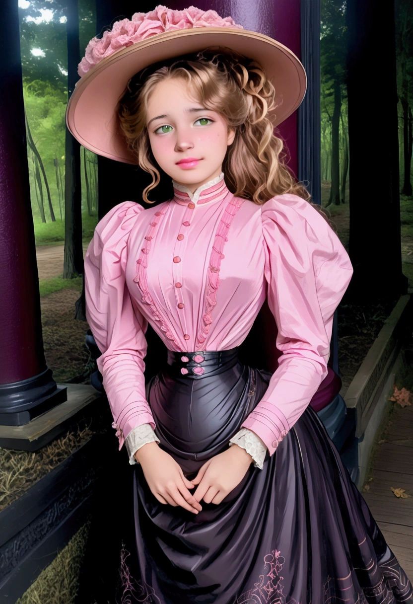 Sexy 12yo Gibson Girl of the Edwardian era. Wearing her (((pink 1900_dr3ss:1.5))). High-collar long sleeve shirtwaist tucked into floor-length skirt, waistband, wide-brimmed picture hat. (((Full body))). 9-inch Wasp waist, bubble butt sticking out. Full body. Honey blonde hair . Forest setting 