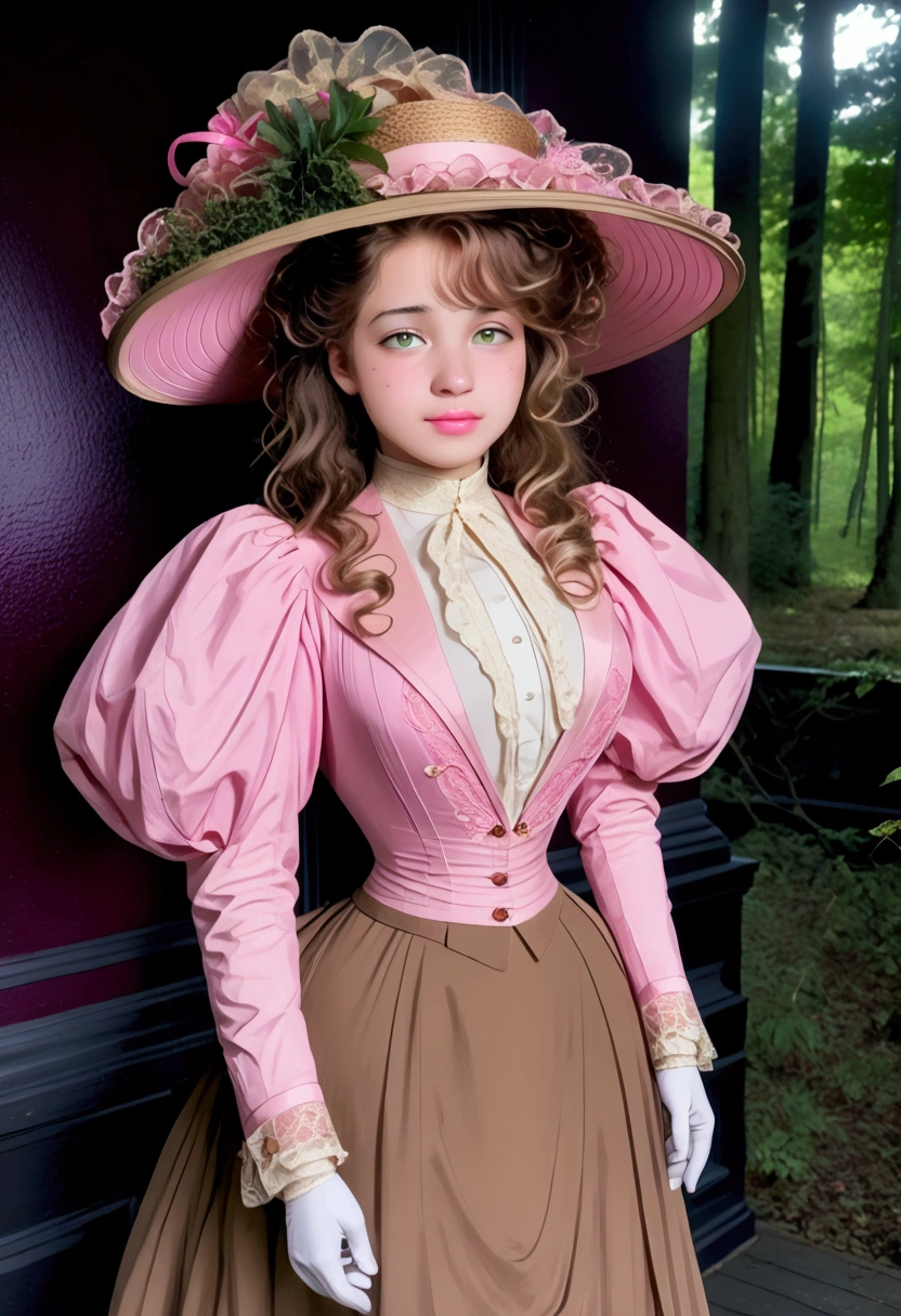 Sexy 12yo Gibson Girl of the Edwardian era. Wearing her (((pink 1900_dr3ss:1.5))). High-collar long sleeve shirtwaist tucked into floor-length skirt, waistband, wide-brimmed picture hat. (((Full body))). 9-inch Wasp waist, bubble butt sticking out. Full body. Honey blonde hair . Forest setting 