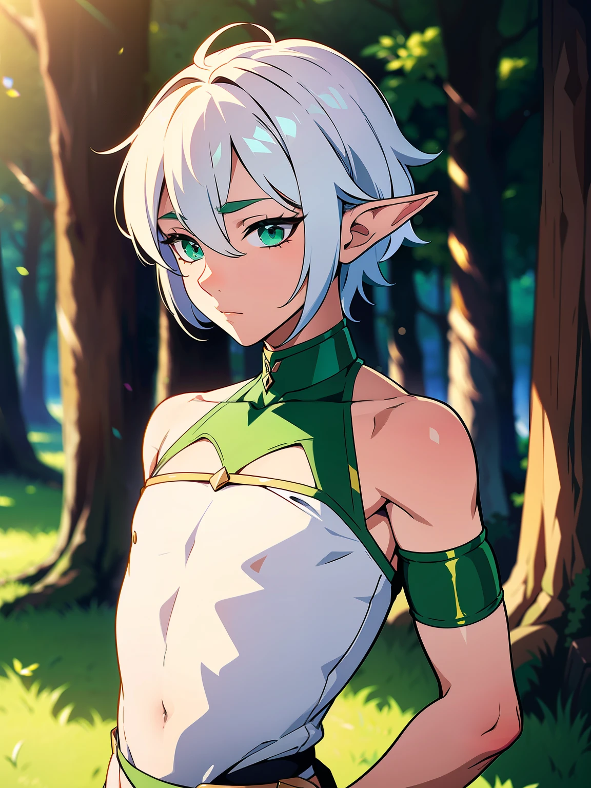 Highres, Masterpiece, Best quality at best,Best Quality,hight quality, hight detailed, 1boy, Symmetrical Eyes, CFemboy, White hair, green eyes, Elf boy, elf ear, elf forest, wearing revealing clothes, (Upper body), bare shoulder, Spotlight on shoulders, anime gay femboy style, femboy style mix drawing, anime style, making a sexy femboy clothes, make him revealing clothes, femboy hentai style, femboy gay, Seen from front, (very small and short stature), (very young boy), Blurry beckground