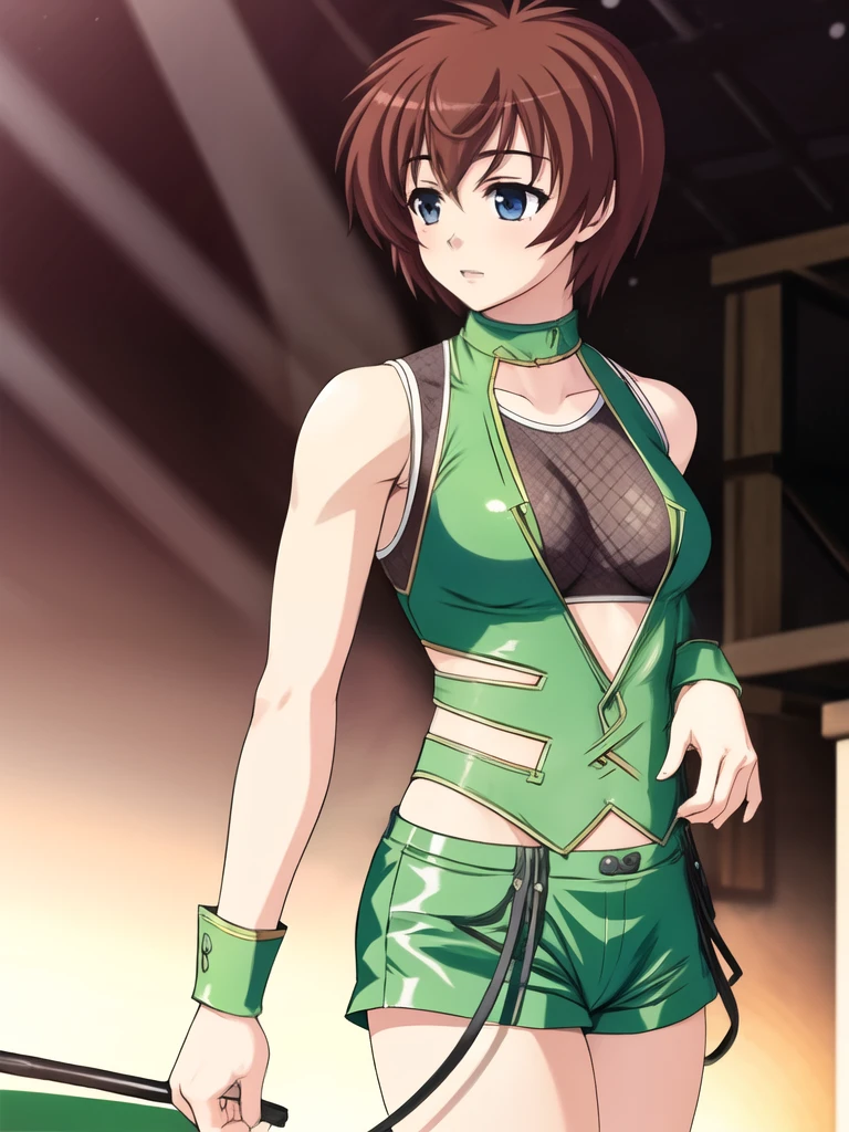  1girl, Short hair,  blue eyes ,  brown hair, shorts,  life ,  wrist cuffs , fishing net, green shorts,  transparent shirt,  green shirt, Mimi Yoshihara ,sleeveless, Struggle, wrestling ring , wrestling costume,, (Dark light:1.2),( hyper extreme  detailed),(:0.5),( hyper extreme ),( photorealistic),game cg,illustration,novel iillustration, Beautiful Lighting,light from the front,good_Hands,beautiful art ,BREAK