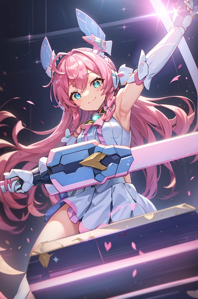  smiling、mecha wing、Thighs、tights、chest、 shiny pink hair 、  1 girl、 solo girl 、 headset 、idol dress、idol skirt、 light blue mini skirt 、mecha girl、I have a white armor 、 has a sword、sword、 has a shield、shield