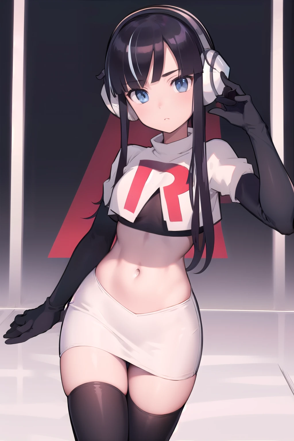 masterpiece, best quality, bw2elesa, black hair, blue eyes, streaked hair, long sidelocks, hair ornaments, headphones, team rocket,team rocket uniform,white skirt,red letter R,crop top,black thigh-highs,black elbow gloves, looking at viewer, 