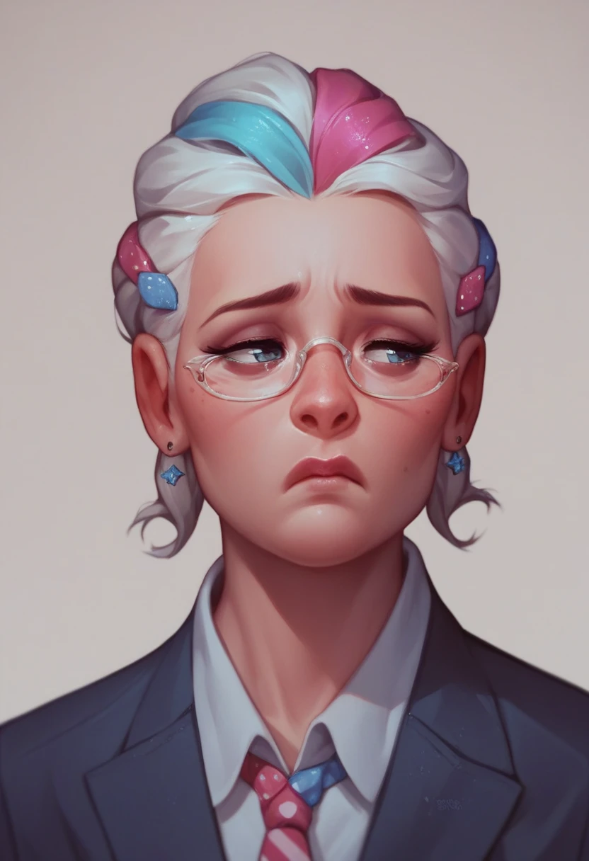 School principal, Solo female, White hair, tied up in a bun, Serious facial expression, a notepad stuck in her hair, Wears monocled glasses