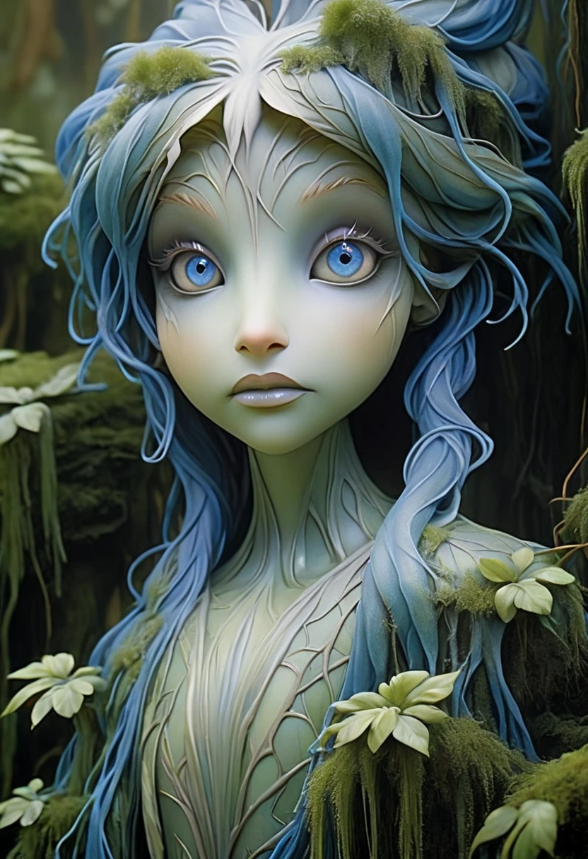 A forest nymph made from dense fog, surrounded by mist and lush vegetation. Large thick lips. Huge Crystal blue eyes. In the style of Brian Froud
