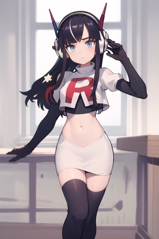 1girl,Layla,tsurime,golden eyes,team rocket,team rocket uniform, red letter R, white skirt,white crop top,black thigh-highs,black elbow gloves