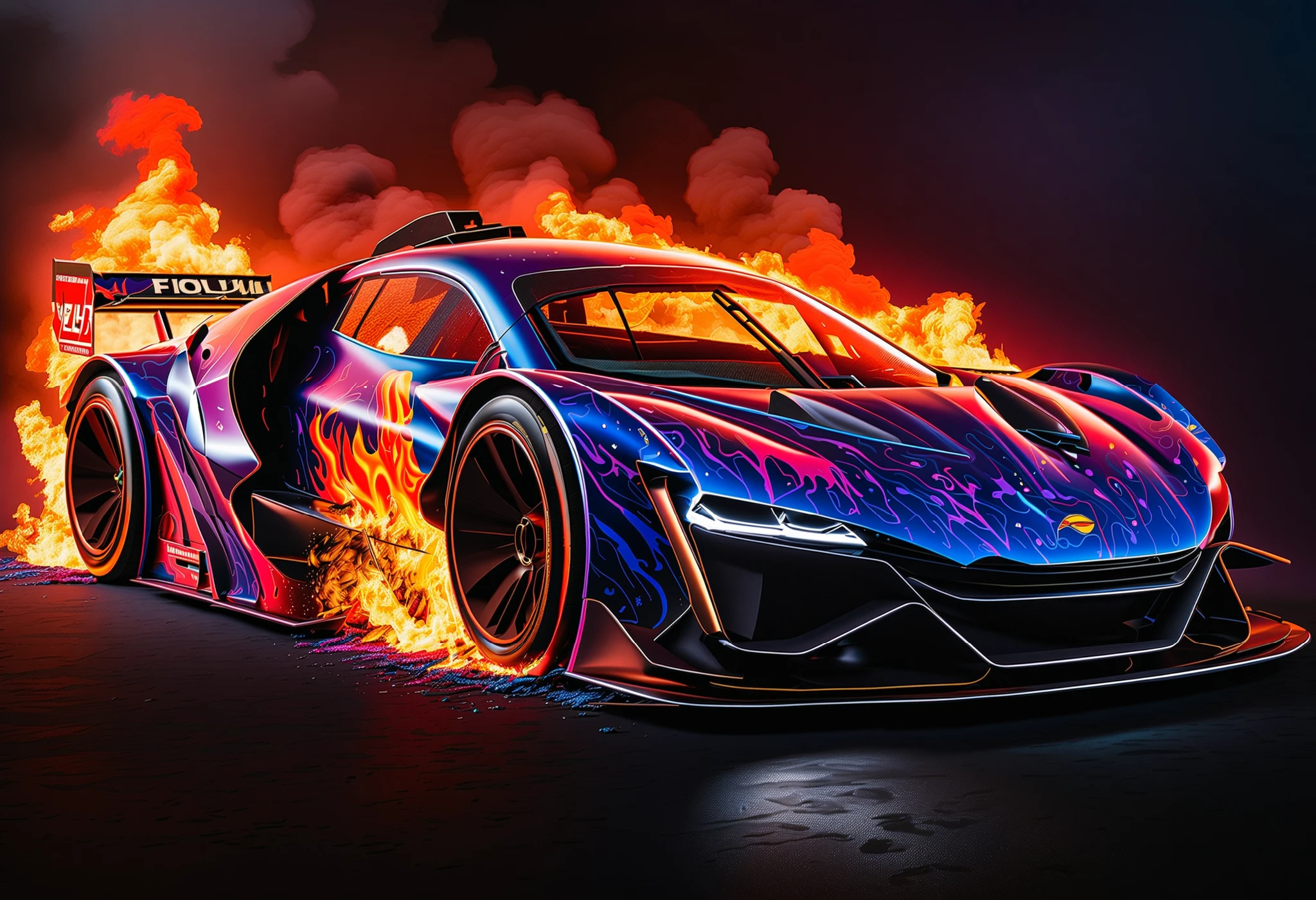 a (((hyper-realistic))), (((32k UHD masterpiece in the style of a cinematic art piece))). The focal point is a futuristic "race car X5" shown at a dynamic angle, engulfed in flames. The level of (detail is extraordinary), capturing the intricacies of the car's rear with bold textures and vibrant, contrasting colors. Predominantly blue and red hues dominate the composition, emphasizing the blazing car as the centerpiece. The fire is depicted with a mix of grays and purples, creating a dramatic and intense atmosphere. The smoke billows in all directions, adding a surreal element to the scene. The image, with an aspect ratio of 16:9, fills the screen, immersing the viewer in the cinematic experience. This hyper-realistic artwork draws inspiration from artists like Jackson Pollock, known for his dynamic "action painting" technique, and Salvador Dali, with his dreamlike, surreal images. The overall composition explores themes of speed, action, and transformation. The addition of film grain, sharp details, and a ((raw style reminiscent of Fujifilm XT3 35mm f4)) contributes to the ((studio art)) feel, creating a visually stunning representation of a (burning racing car).