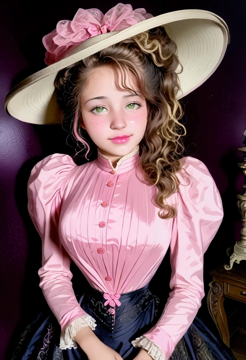 Sexy 12yo Gibson Girl of the Edwardian era. Wearing her (((pink 1900_dr3ss:1.5))). High-collar long sleeve shirtwaist tucked into floor-length skirt, waistband, wide-brimmed picture hat. (((Full body))). 9-inch Wasp waist, bubble butt sticking out. Full body. Honey blonde hair. Sodomized in a forest, NSFW