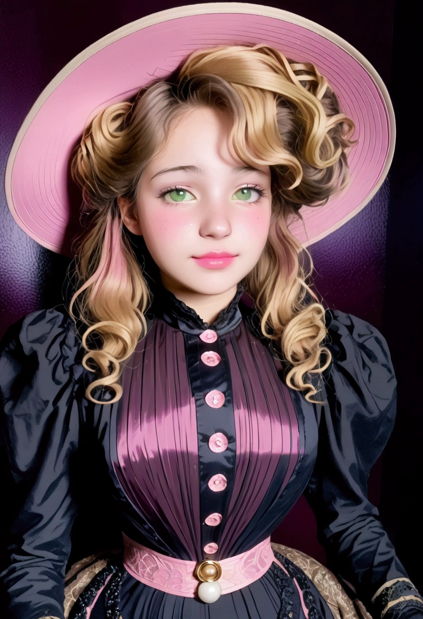 Sexy 12yo Gibson Girl of the Edwardian era. Wearing her (((pink 1900_dr3ss:1.5))). High-collar long sleeve shirtwaist tucked into floor-length skirt, waistband, wide-brimmed picture hat. (((Full body))). 9-inch Wasp waist, bubble butt sticking out. Full body. Honey blonde hair. Sodomized in a forest, NSFW